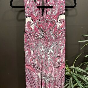 INC International Concepts Pink and White Sheath Dress V Neck Midi Dress